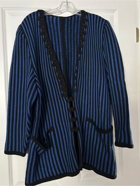 Vintage Blue and Black Striped Women's Cardigan Sweater